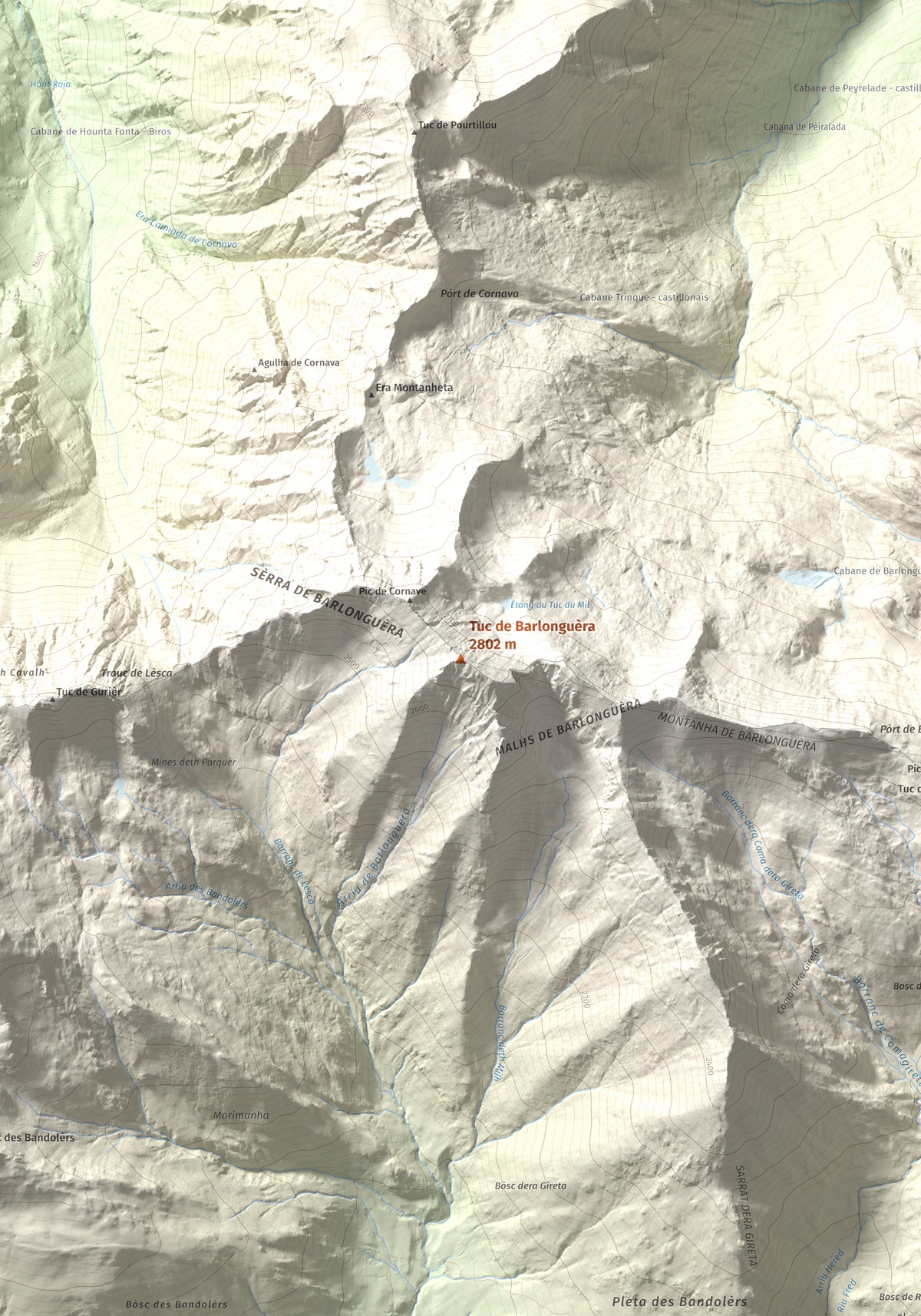 Mapa de relieve de Tuc de Barlonguèra, 2802 m, Val d'Aran, lámina 100 Cims de Trobart. Detalle de la zona central. 70 × 100 cm.