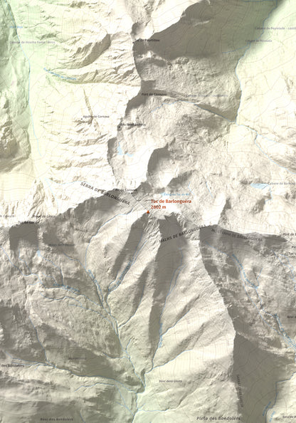 Mapa de relieve de Tuc de Barlonguèra, 2802 m, Val d'Aran, lámina 100 Cims de Trobart. Detalle de la zona central. 70 × 100 cm.