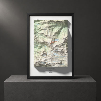 Mapa de relieve de Tuc de Crabèra, 2630 m, Val d'Aran, lámina 100 Cims de Trobart. Presentación enmarcada. 21 × 30 cm.
