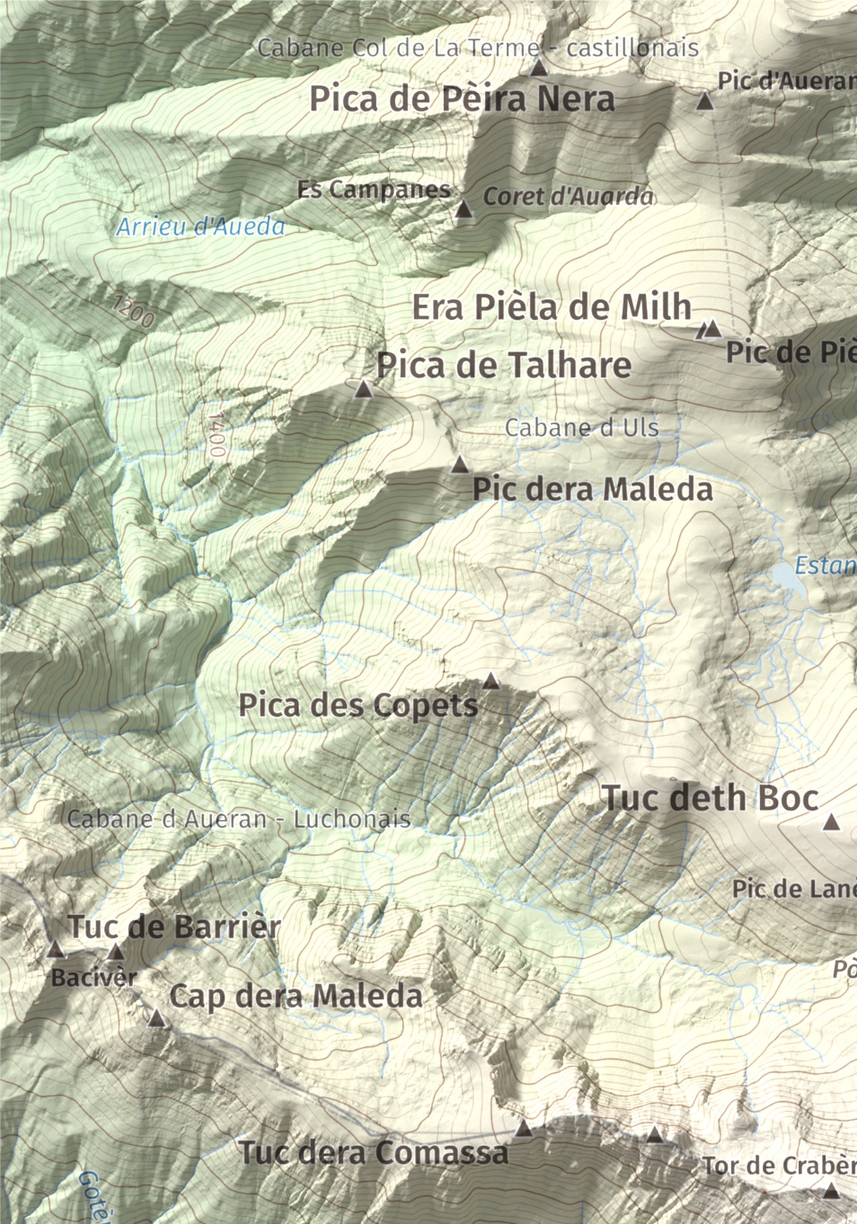 Mapa de relieve de Tuc de Crabèra, 2630 m, Val d'Aran, lámina 100 Cims de Trobart. Detalle de la zona superior izquierda. 21 × 30 cm.