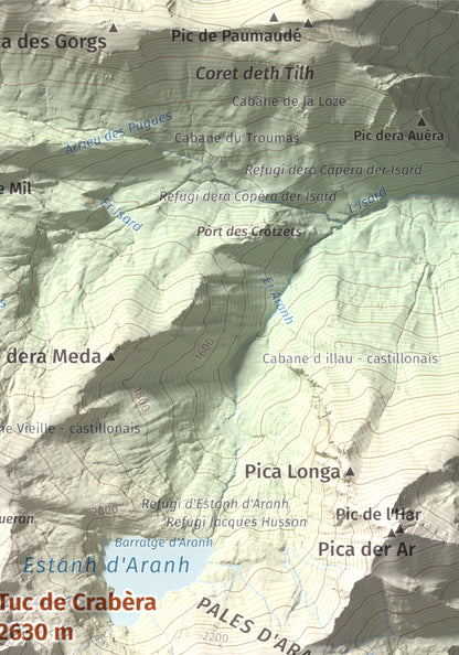 Mapa de relieve de Tuc de Crabèra, 2630 m, Val d'Aran, lámina 100 Cims de Trobart. Detalle de la zona superior derecha. 21 × 30 cm.