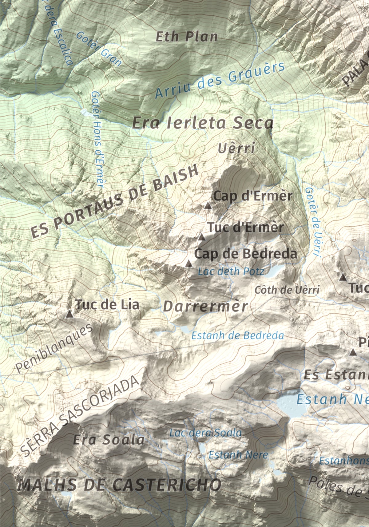 Mapa de relieve de Tuc de Crabèra, 2630 m, Val d'Aran, lámina 100 Cims de Trobart. Detalle de la zona inferior izquierda. 21 × 30 cm.