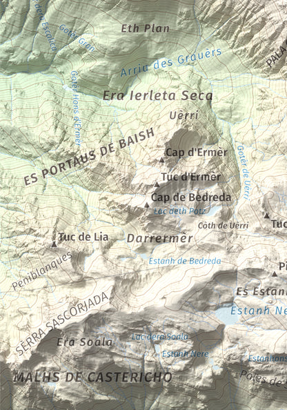 Mapa de relieve de Tuc de Crabèra, 2630 m, Val d'Aran, lámina 100 Cims de Trobart. Detalle de la zona inferior izquierda. 21 × 30 cm.