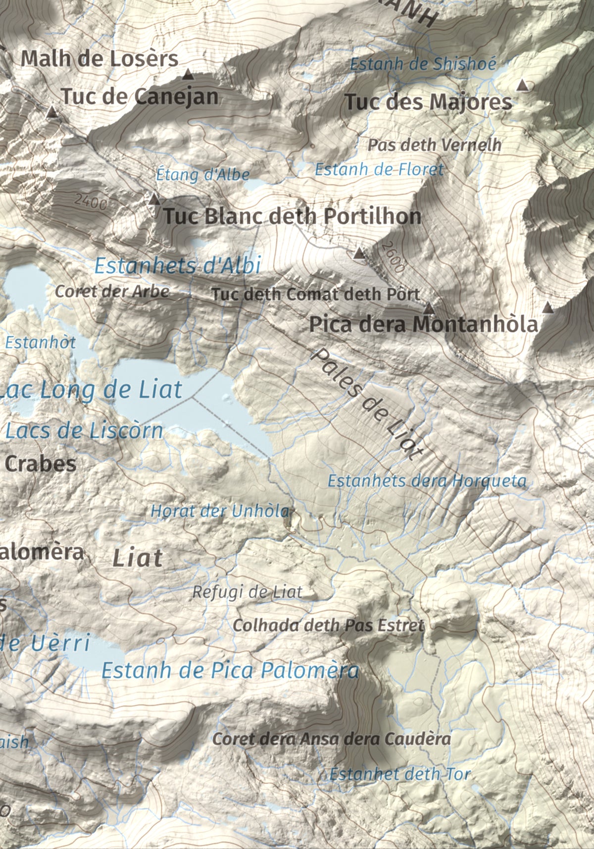 Mapa de relieve de Tuc de Crabèra, 2630 m, Val d'Aran, lámina 100 Cims de Trobart. Detalle de la zona inferior derecha. 21 × 30 cm.