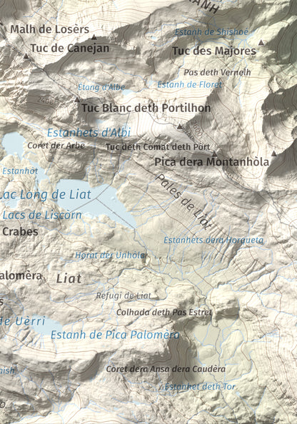 Mapa de relieve de Tuc de Crabèra, 2630 m, Val d'Aran, lámina 100 Cims de Trobart. Detalle de la zona inferior derecha. 21 × 30 cm.