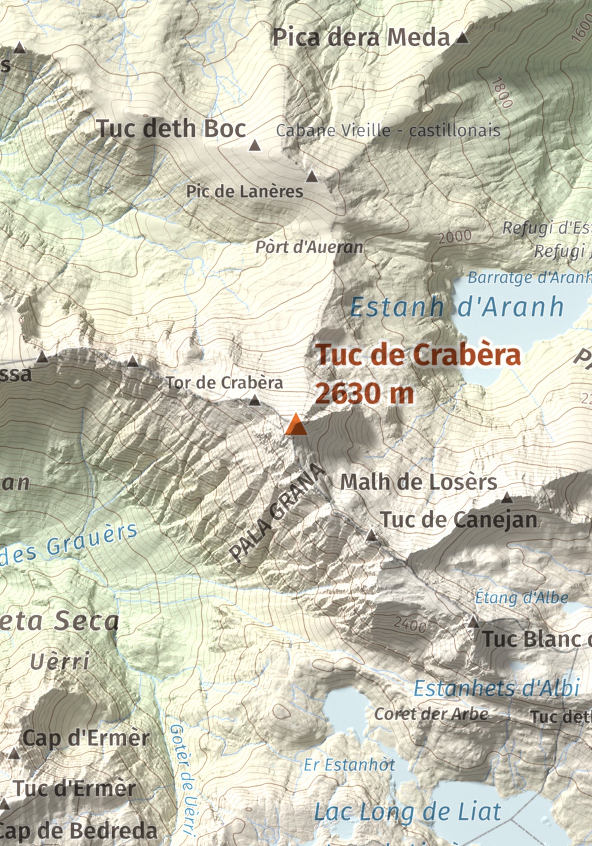 Mapa de relieve de Tuc de Crabèra, 2630 m, Val d'Aran, lámina 100 Cims de Trobart. Detalle de la zona central. 21 × 30 cm.