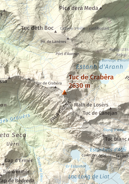 Mapa de relieve de Tuc de Crabèra, 2630 m, Val d'Aran, lámina 100 Cims de Trobart. Detalle de la zona central. 21 × 30 cm.