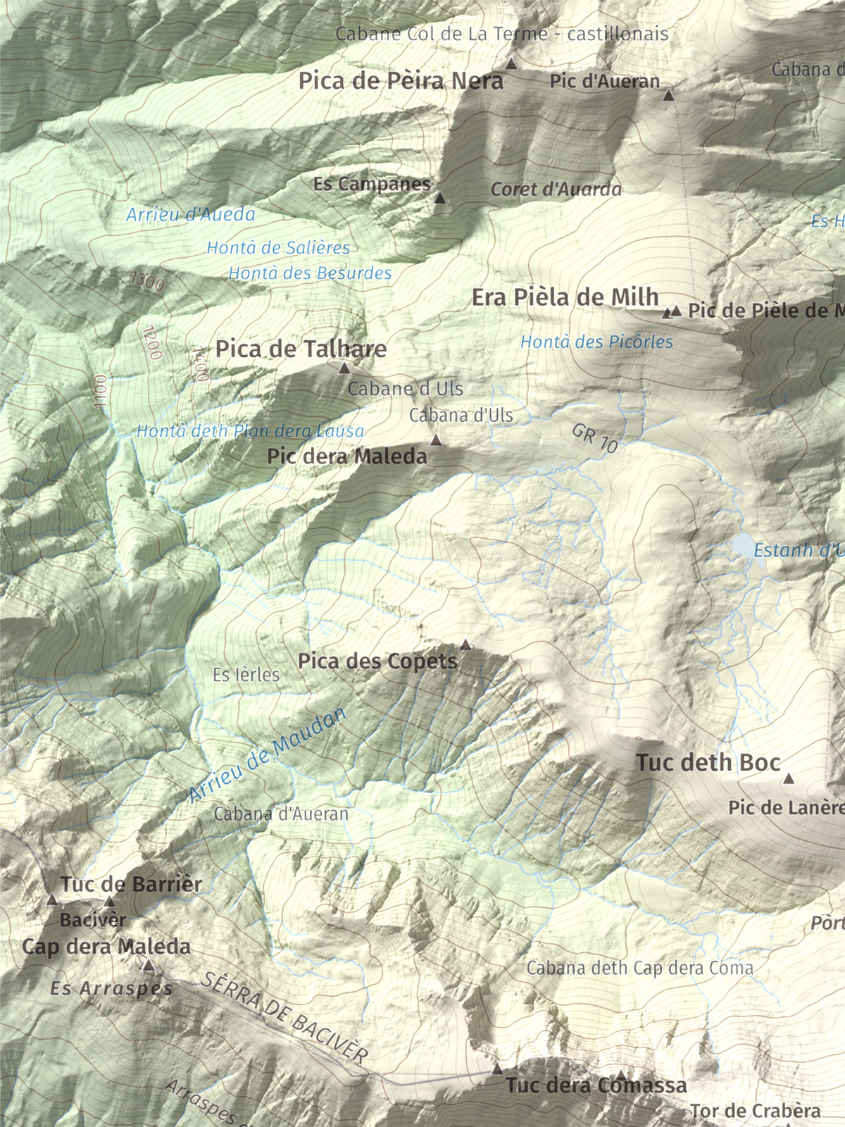 Mapa de relieve de Tuc de Crabèra, 2630 m, Val d'Aran, lámina 100 Cims de Trobart. Detalle de la zona superior izquierda. 30 × 40 cm.