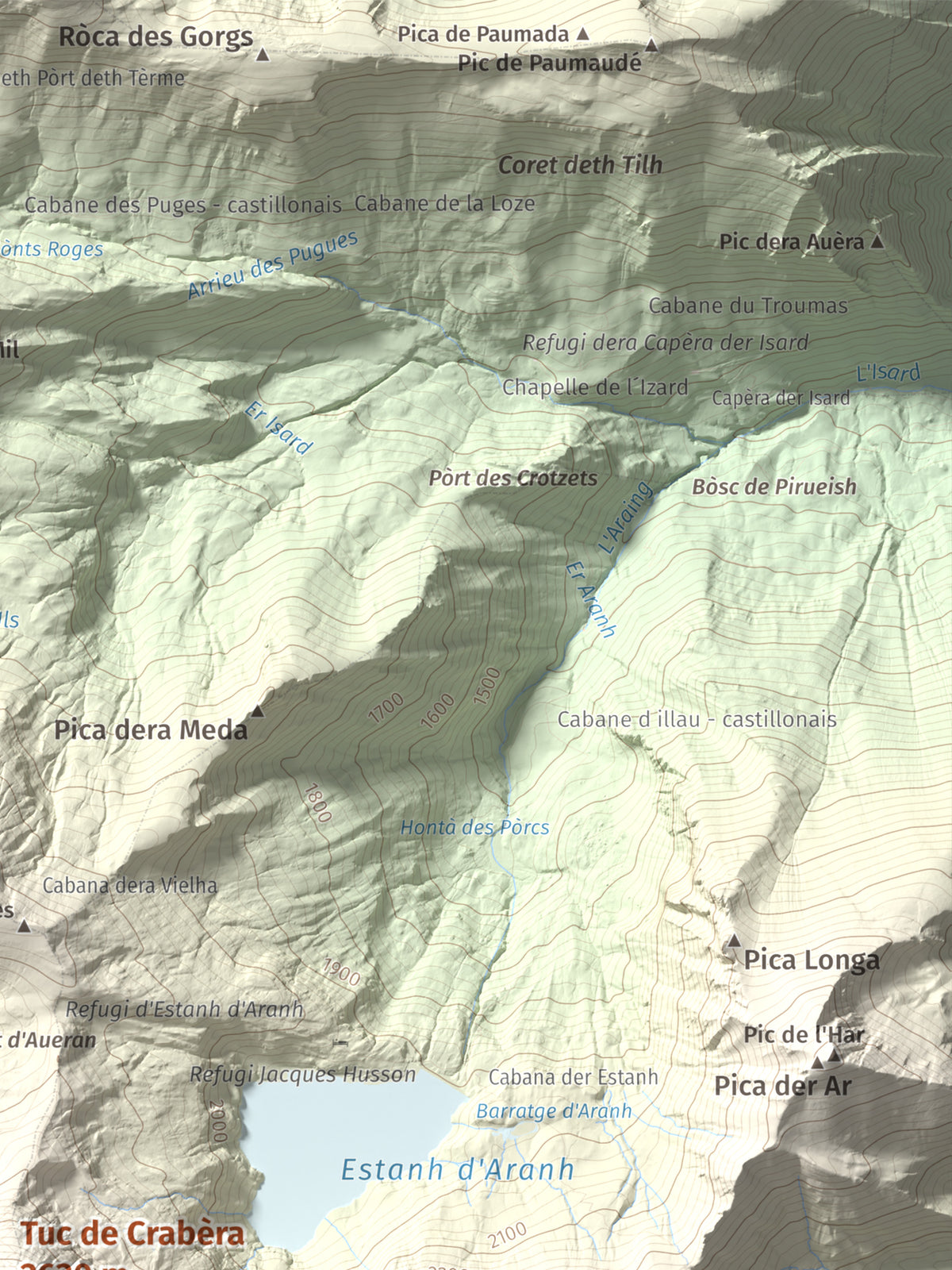 Mapa de relieve de Tuc de Crabèra, 2630 m, Val d'Aran, lámina 100 Cims de Trobart. Detalle de la zona superior derecha. 30 × 40 cm.