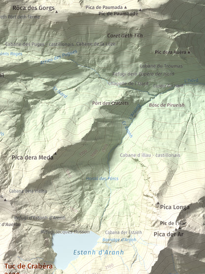 Mapa de relieve de Tuc de Crabèra, 2630 m, Val d'Aran, lámina 100 Cims de Trobart. Detalle de la zona superior derecha. 30 × 40 cm.