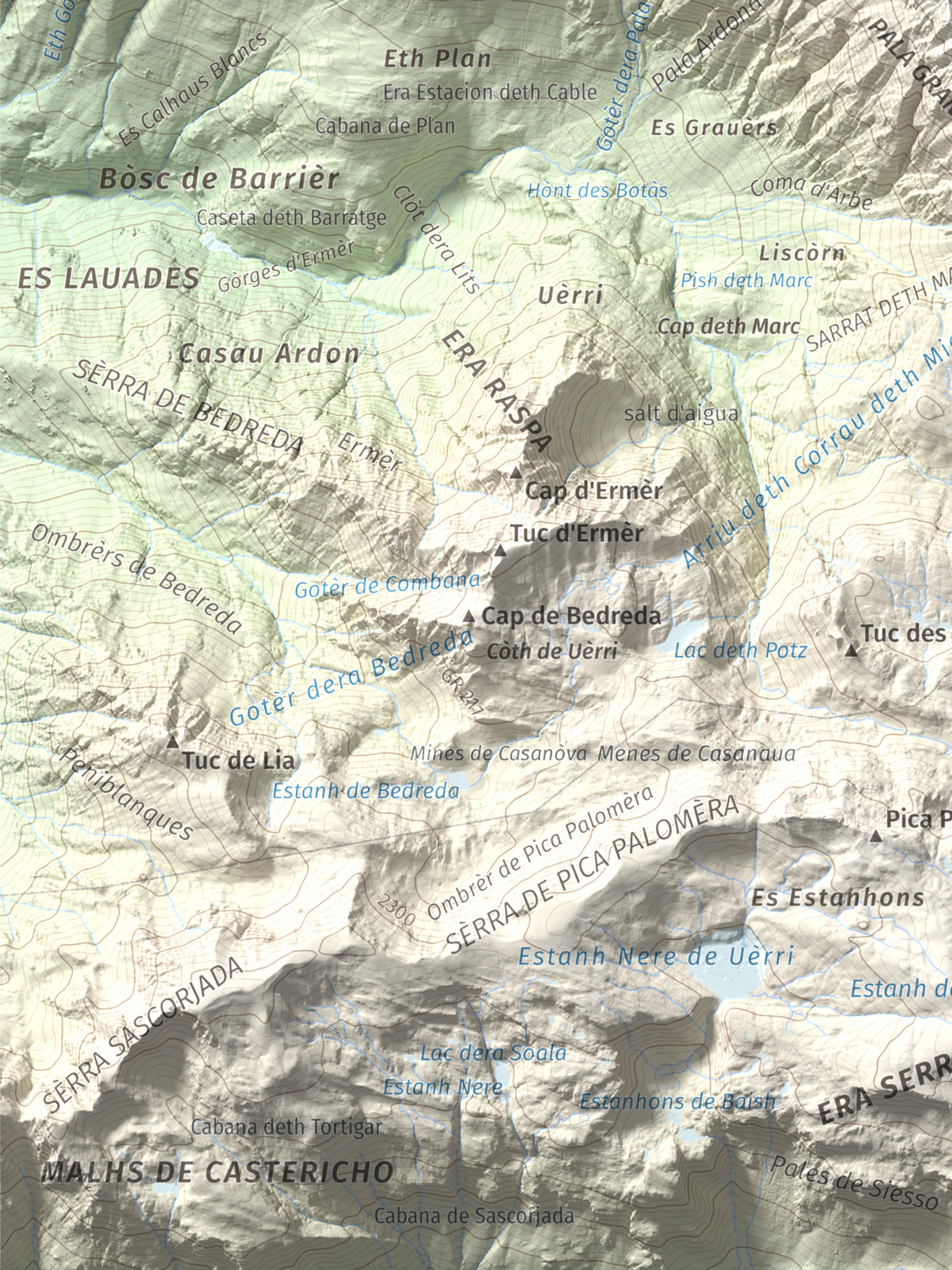 Mapa de relieve de Tuc de Crabèra, 2630 m, Val d'Aran, lámina 100 Cims de Trobart. Detalle de la zona inferior izquierda. 30 × 40 cm.