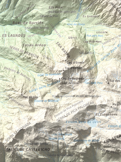 Mapa de relieve de Tuc de Crabèra, 2630 m, Val d'Aran, lámina 100 Cims de Trobart. Detalle de la zona inferior izquierda. 30 × 40 cm.