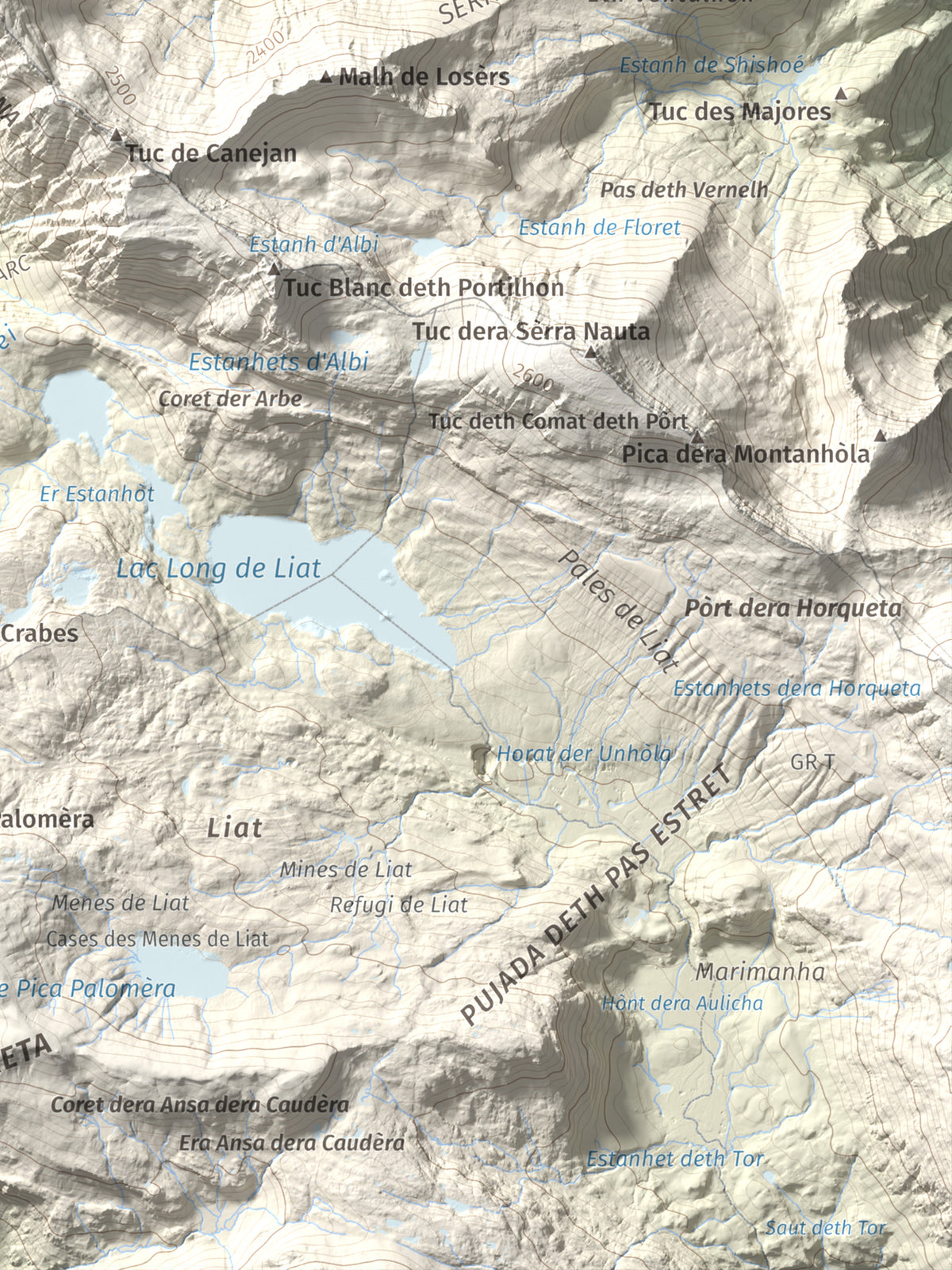 Mapa de relieve de Tuc de Crabèra, 2630 m, Val d'Aran, lámina 100 Cims de Trobart. Detalle de la zona inferior derecha. 30 × 40 cm.