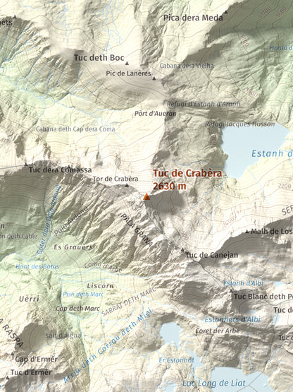 Mapa de relieve de Tuc de Crabèra, 2630 m, Val d'Aran, lámina 100 Cims de Trobart. Detalle de la zona central. 30 × 40 cm.