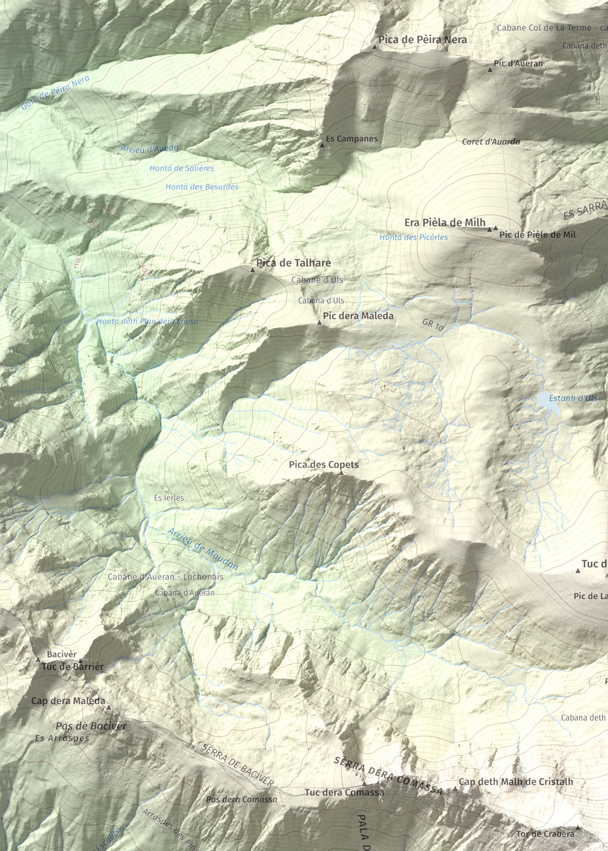 Mapa de relieve de Tuc de Crabèra, 2630 m, Val d'Aran, lámina 100 Cims de Trobart. Detalle de la zona superior izquierda. 50 × 70 cm.