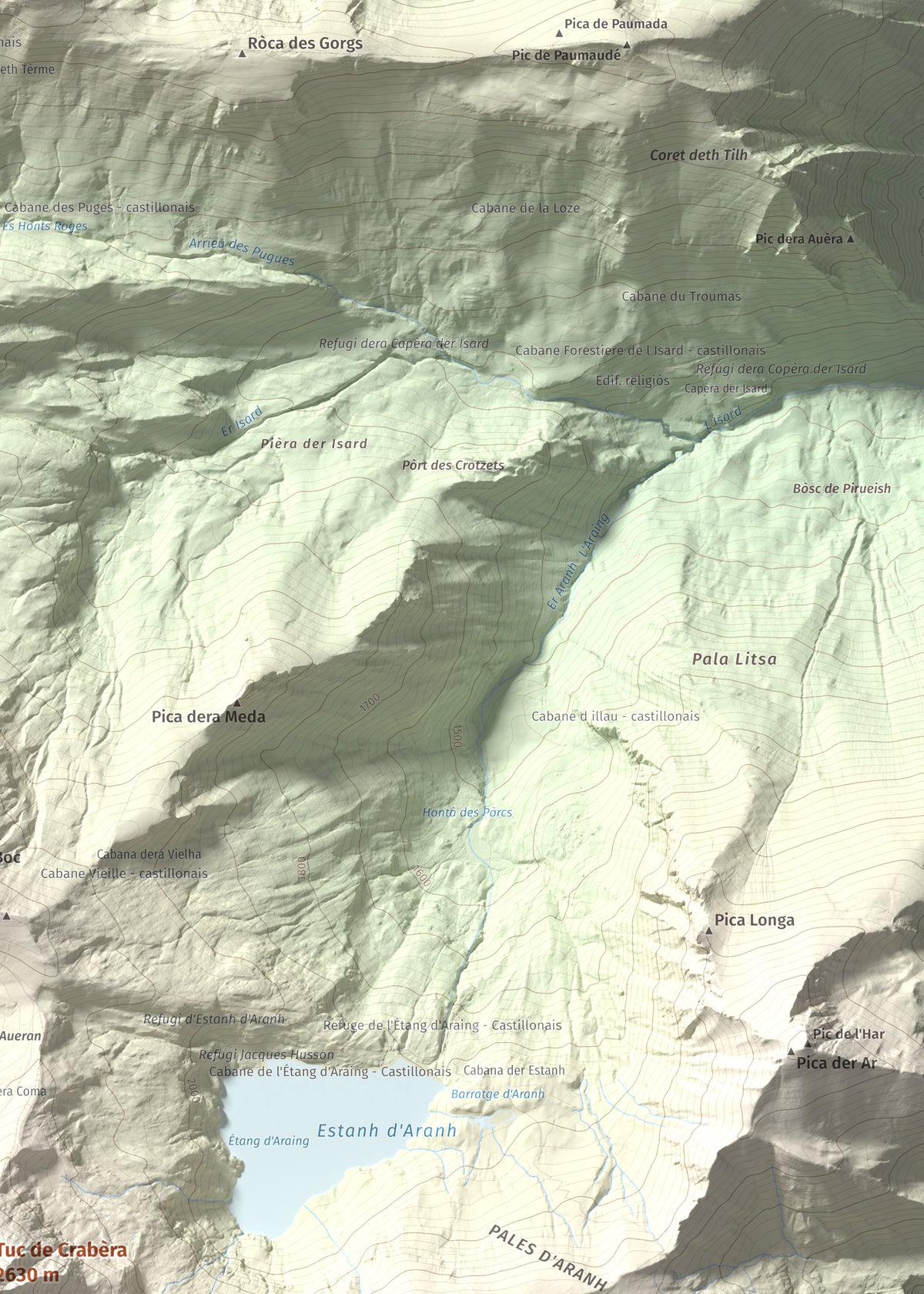 Mapa de relieve de Tuc de Crabèra, 2630 m, Val d'Aran, lámina 100 Cims de Trobart. Detalle de la zona superior derecha. 50 × 70 cm.