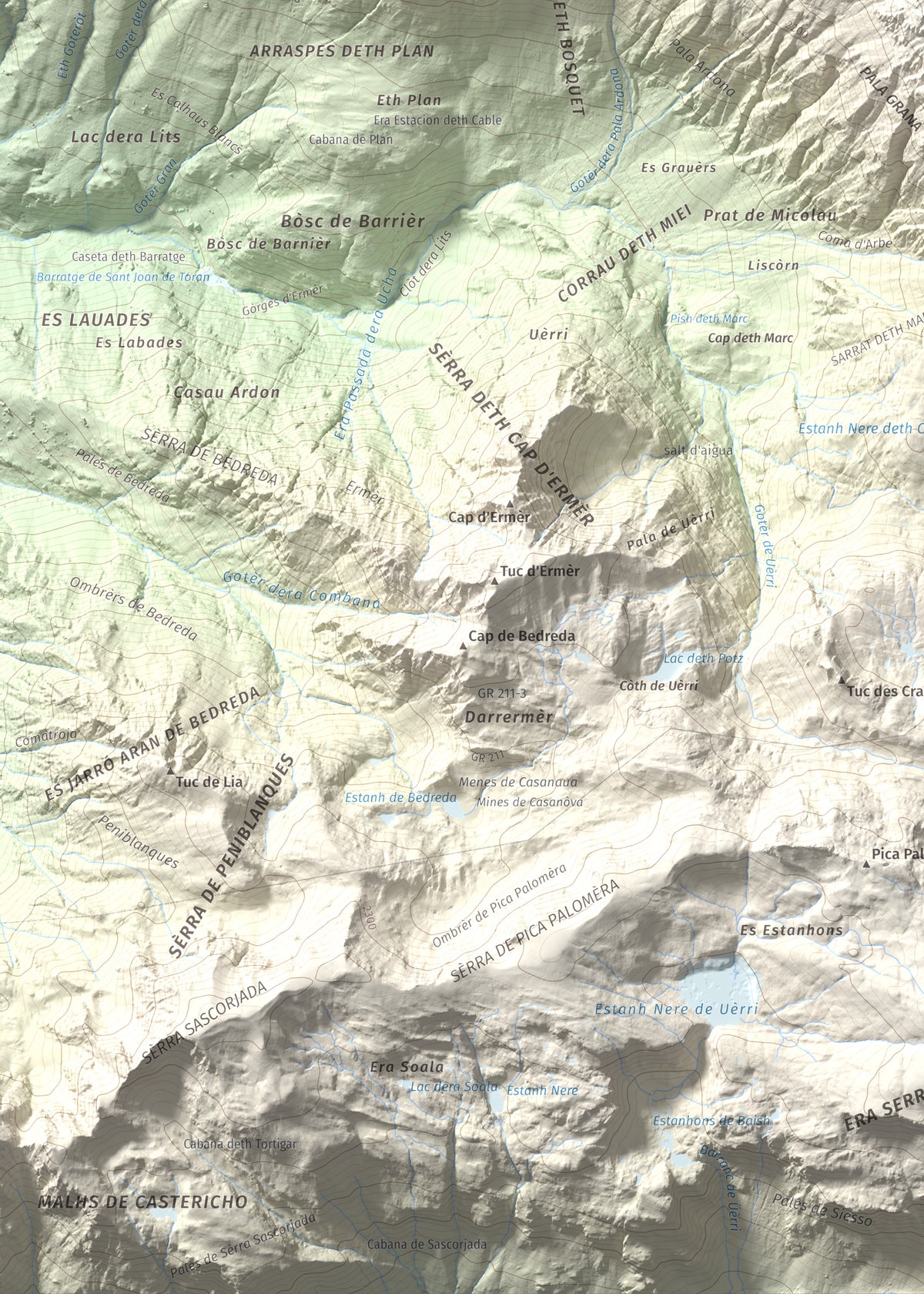 Mapa de relieve de Tuc de Crabèra, 2630 m, Val d'Aran, lámina 100 Cims de Trobart. Detalle de la zona inferior izquierda. 50 × 70 cm.