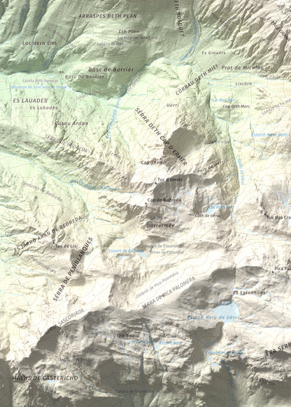 Mapa de relieve de Tuc de Crabèra, 2630 m, Val d'Aran, lámina 100 Cims de Trobart. Detalle de la zona inferior izquierda. 50 × 70 cm.