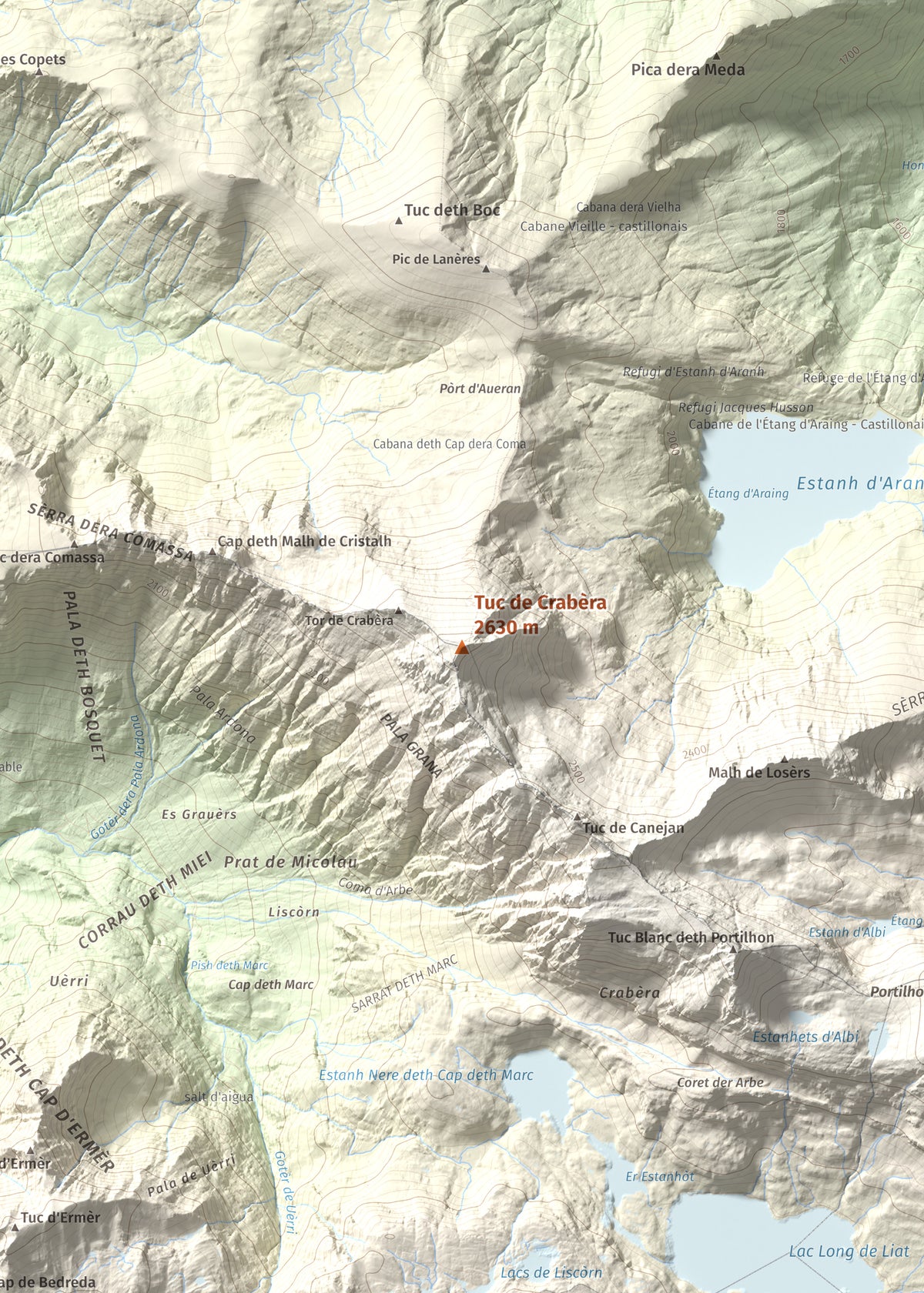 Mapa de relieve de Tuc de Crabèra, 2630 m, Val d'Aran, lámina 100 Cims de Trobart. Detalle de la zona central. 50 × 70 cm.