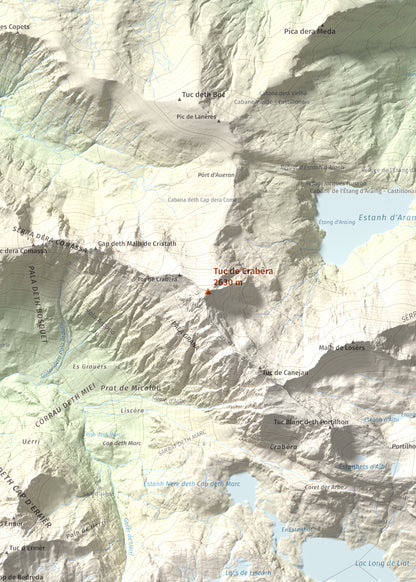 Mapa de relieve de Tuc de Crabèra, 2630 m, Val d'Aran, lámina 100 Cims de Trobart. Detalle de la zona central. 50 × 70 cm.