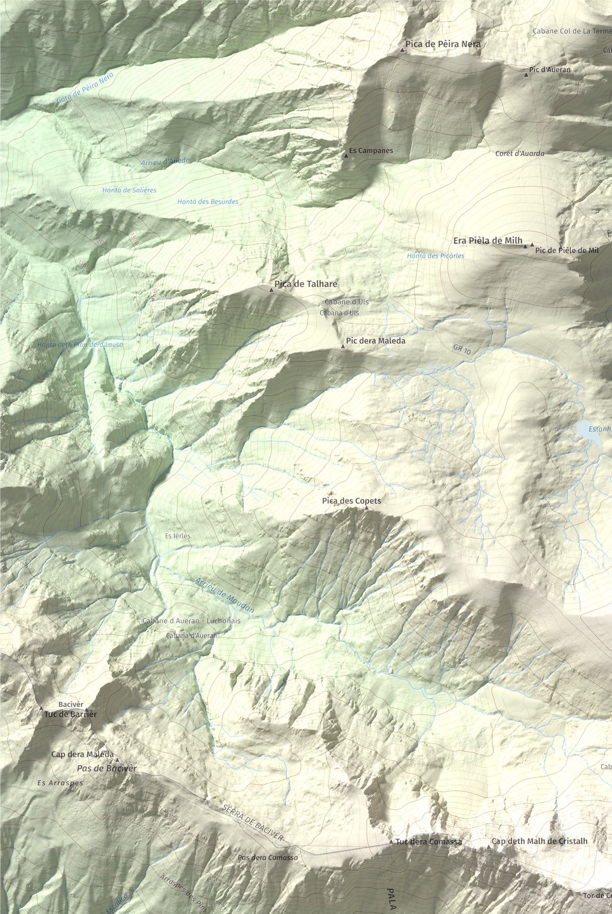 Mapa de relieve de Tuc de Crabèra, 2630 m, Val d'Aran, lámina 100 Cims de Trobart. Detalle de la zona superior izquierda. 61 × 91 cm.