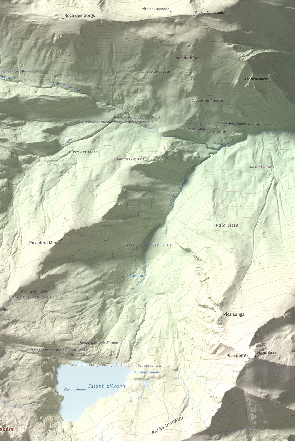 Mapa de relieve de Tuc de Crabèra, 2630 m, Val d'Aran, lámina 100 Cims de Trobart. Detalle de la zona superior derecha. 61 × 91 cm.