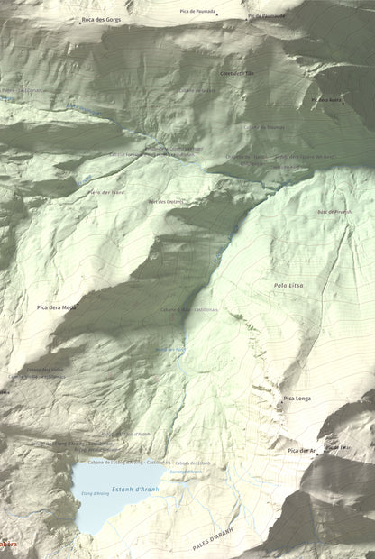 Mapa de relieve de Tuc de Crabèra, 2630 m, Val d'Aran, lámina 100 Cims de Trobart. Detalle de la zona superior derecha. 61 × 91 cm.
