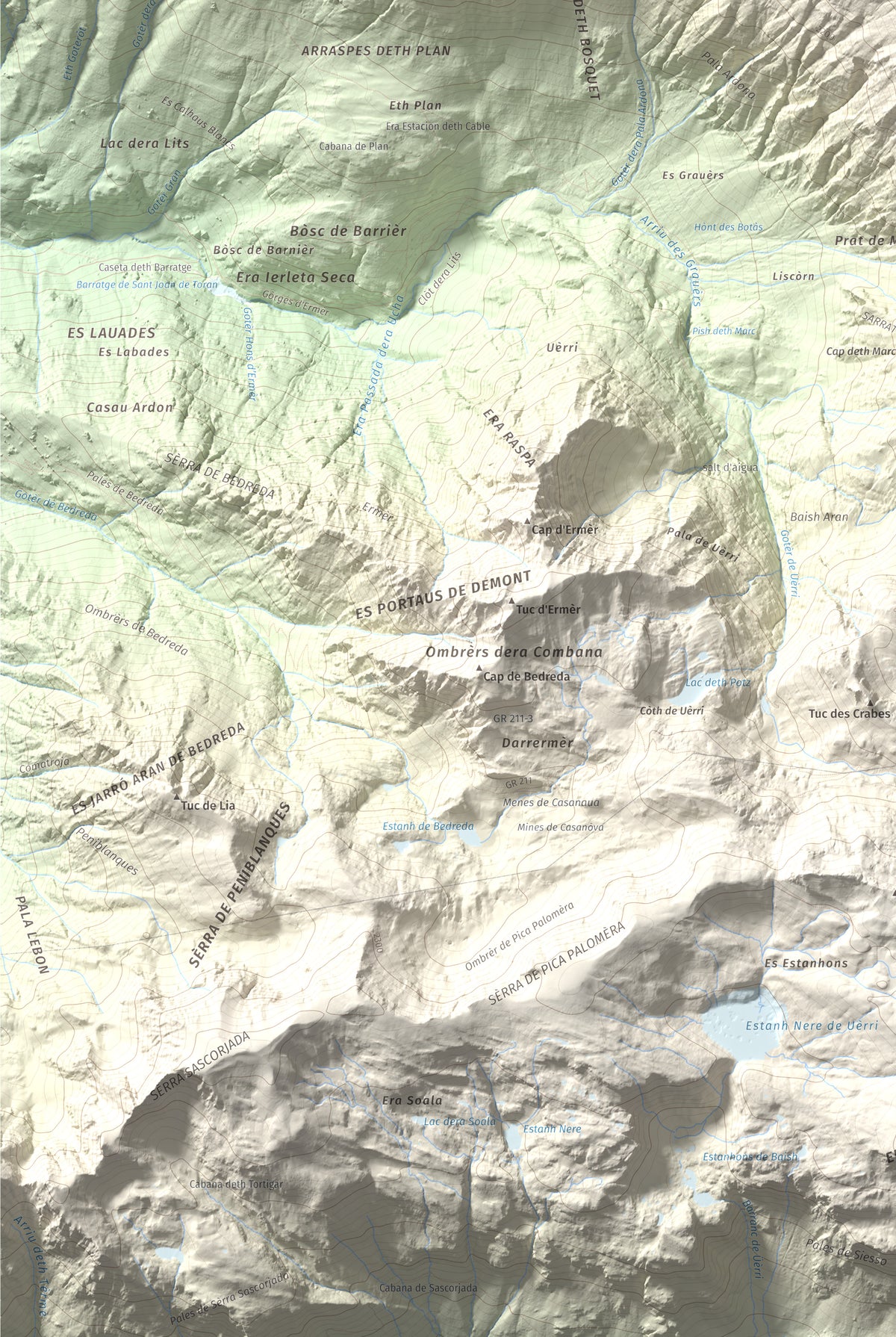 Mapa de relieve de Tuc de Crabèra, 2630 m, Val d'Aran, lámina 100 Cims de Trobart. Detalle de la zona inferior izquierda. 61 × 91 cm.