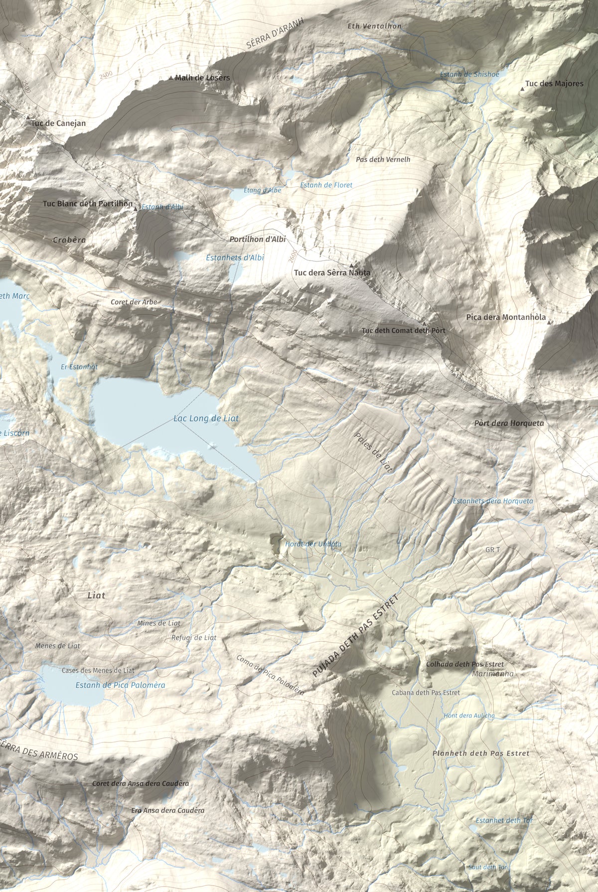 Mapa de relieve de Tuc de Crabèra, 2630 m, Val d'Aran, lámina 100 Cims de Trobart. Detalle de la zona inferior derecha. 61 × 91 cm.