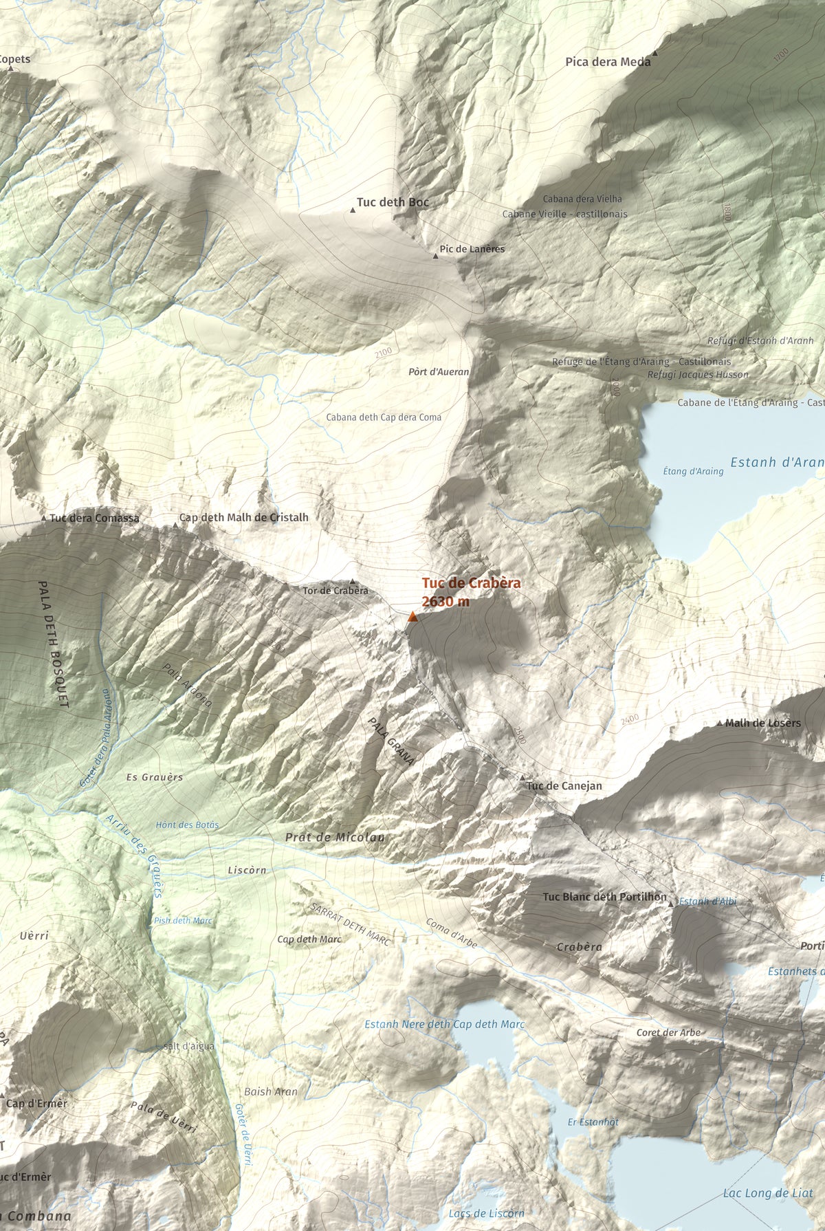 Mapa de relieve de Tuc de Crabèra, 2630 m, Val d'Aran, lámina 100 Cims de Trobart. Detalle de la zona central. 61 × 91 cm.