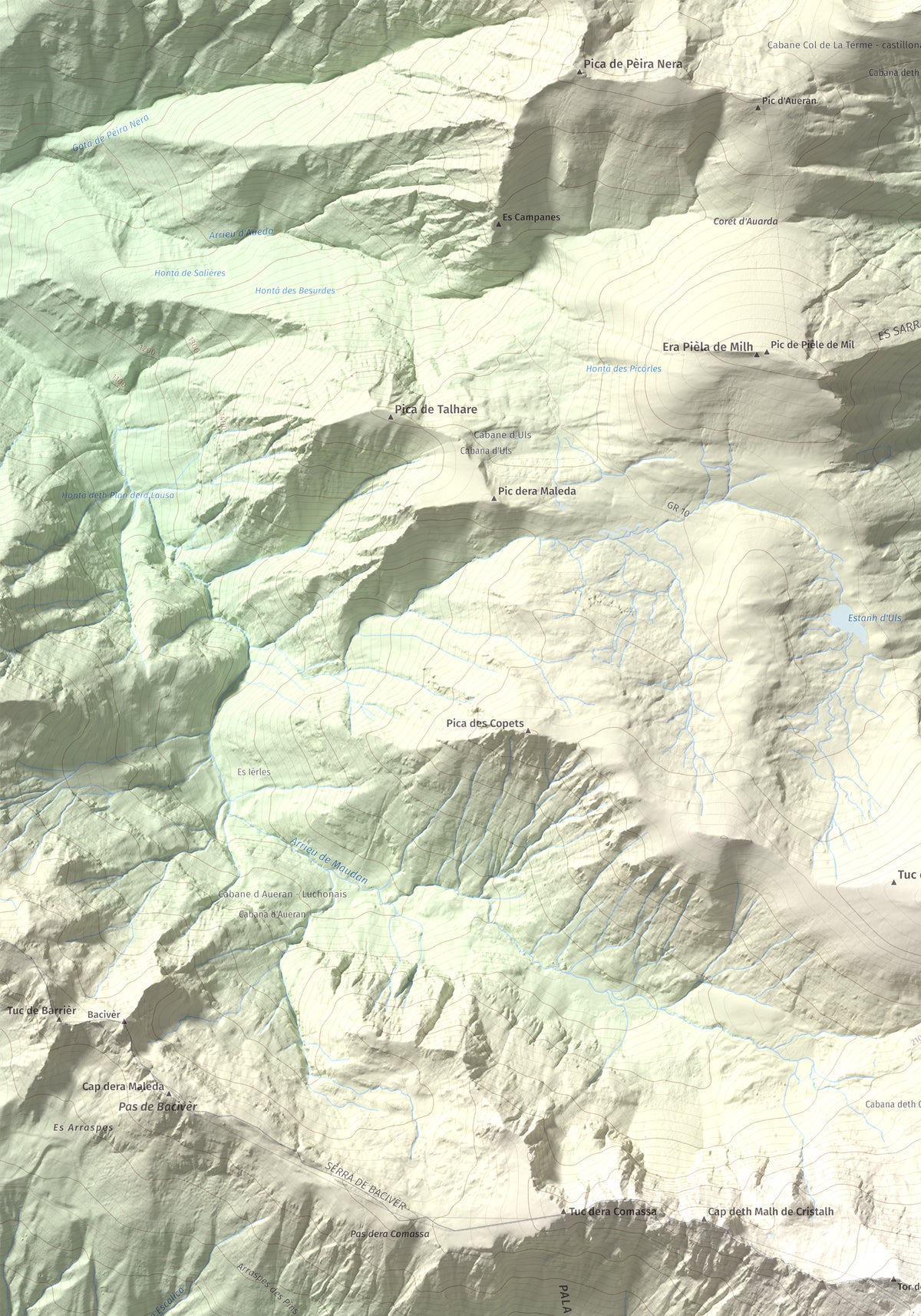 Mapa de relieve de Tuc de Crabèra, 2630 m, Val d'Aran, lámina 100 Cims de Trobart. Detalle de la zona superior izquierda. 70 × 100 cm.