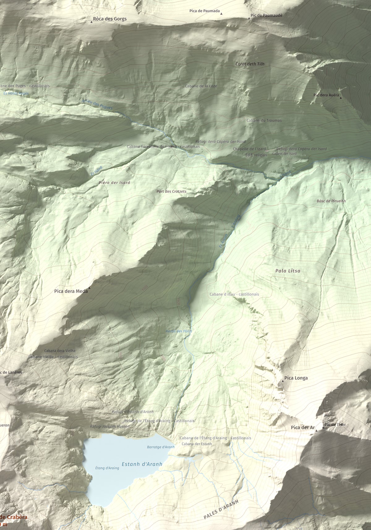 Mapa de relieve de Tuc de Crabèra, 2630 m, Val d'Aran, lámina 100 Cims de Trobart. Detalle de la zona superior derecha. 70 × 100 cm.