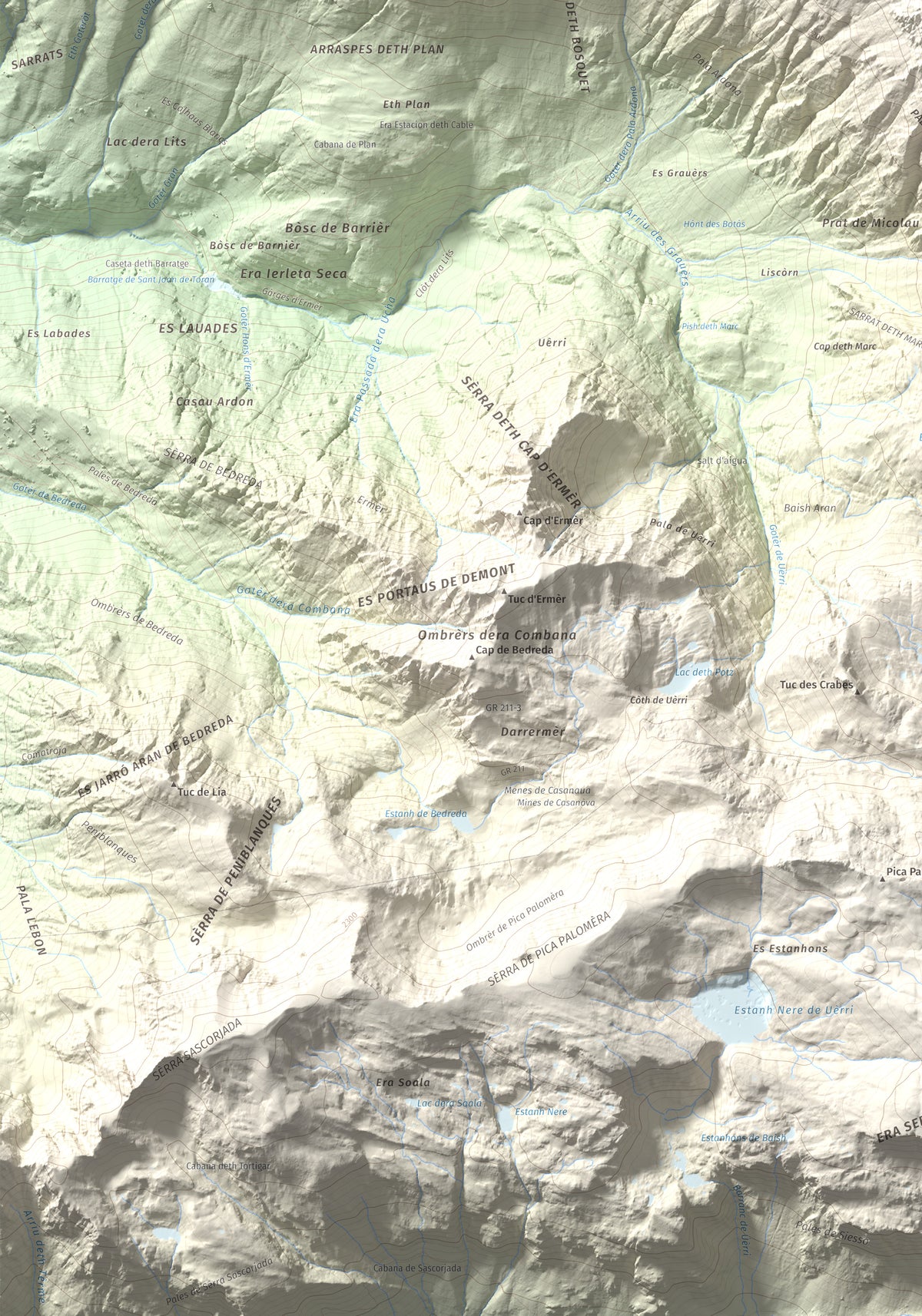 Mapa de relieve de Tuc de Crabèra, 2630 m, Val d'Aran, lámina 100 Cims de Trobart. Detalle de la zona inferior izquierda. 70 × 100 cm.