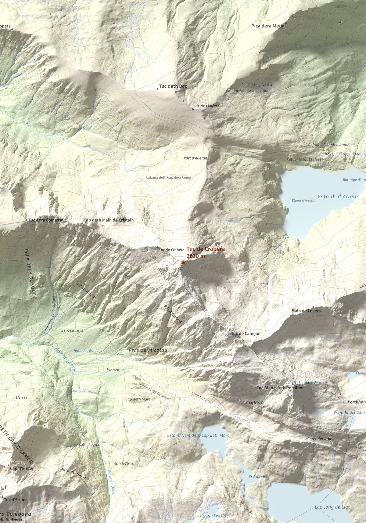 Mapa de relieve de Tuc de Crabèra, 2630 m, Val d'Aran, lámina 100 Cims de Trobart. Detalle de la zona central. 70 × 100 cm.