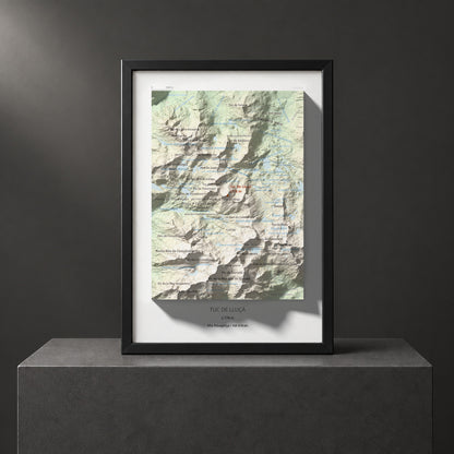 Mapa de relieve de Tuc de Lluçà, 2778 m, Alta Ribagorça · Val d'Aran, lámina 100 Cims de Trobart. Presentación enmarcada. 21 × 30 cm.