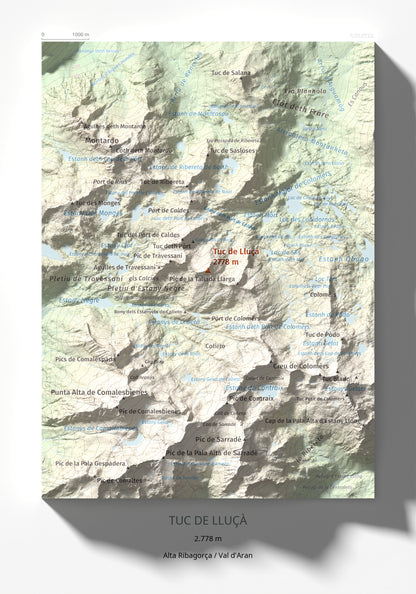 Mapa de relieve de Tuc de Lluçà, 2778 m, Alta Ribagorça · Val d'Aran, lámina 100 Cims de Trobart 21 × 30 cm.
