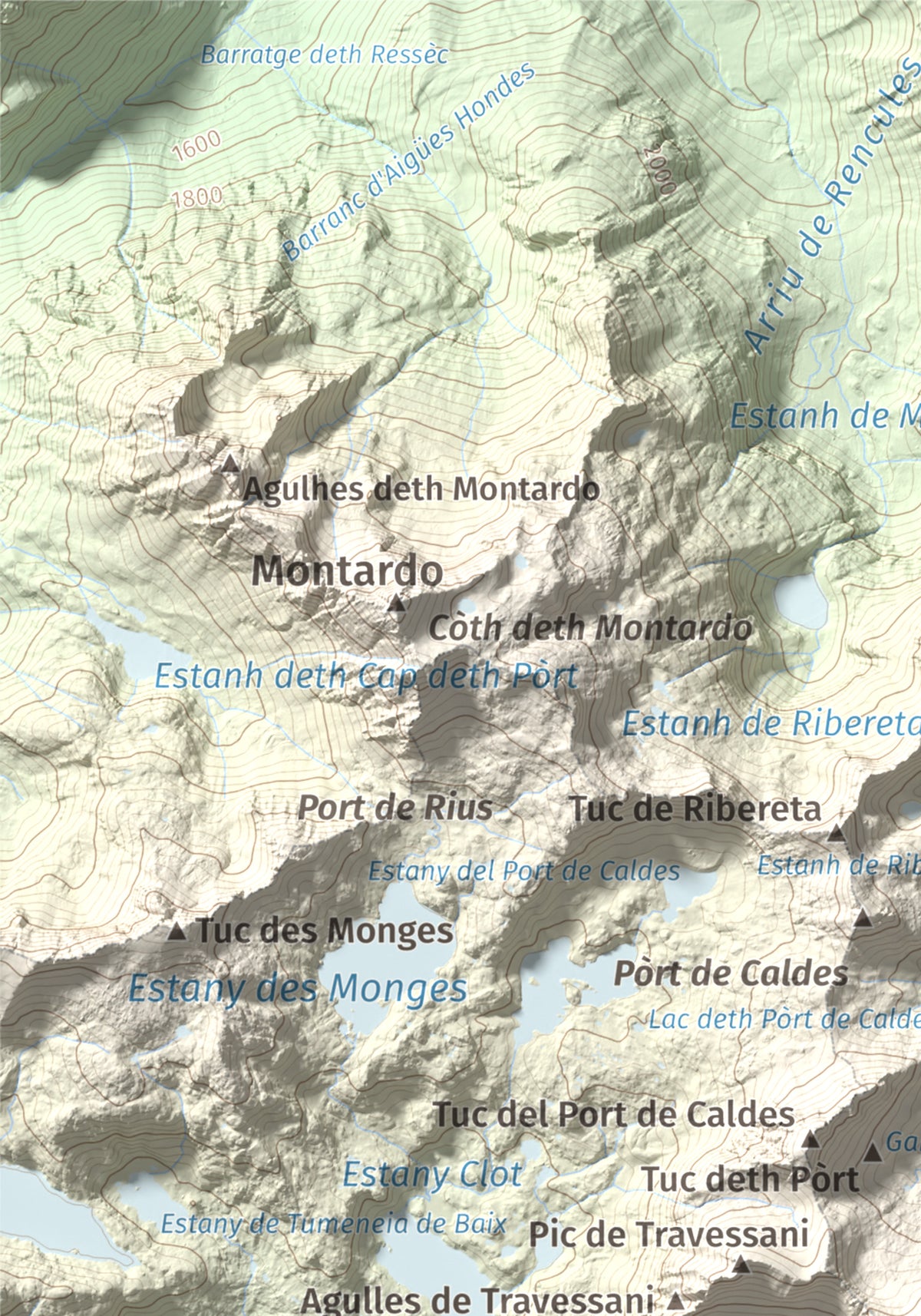 Mapa de relieve de Tuc de Lluçà, 2778 m, Alta Ribagorça · Val d'Aran, lámina 100 Cims de Trobart. Detalle de la zona superior izquierda. 21 × 30 cm.