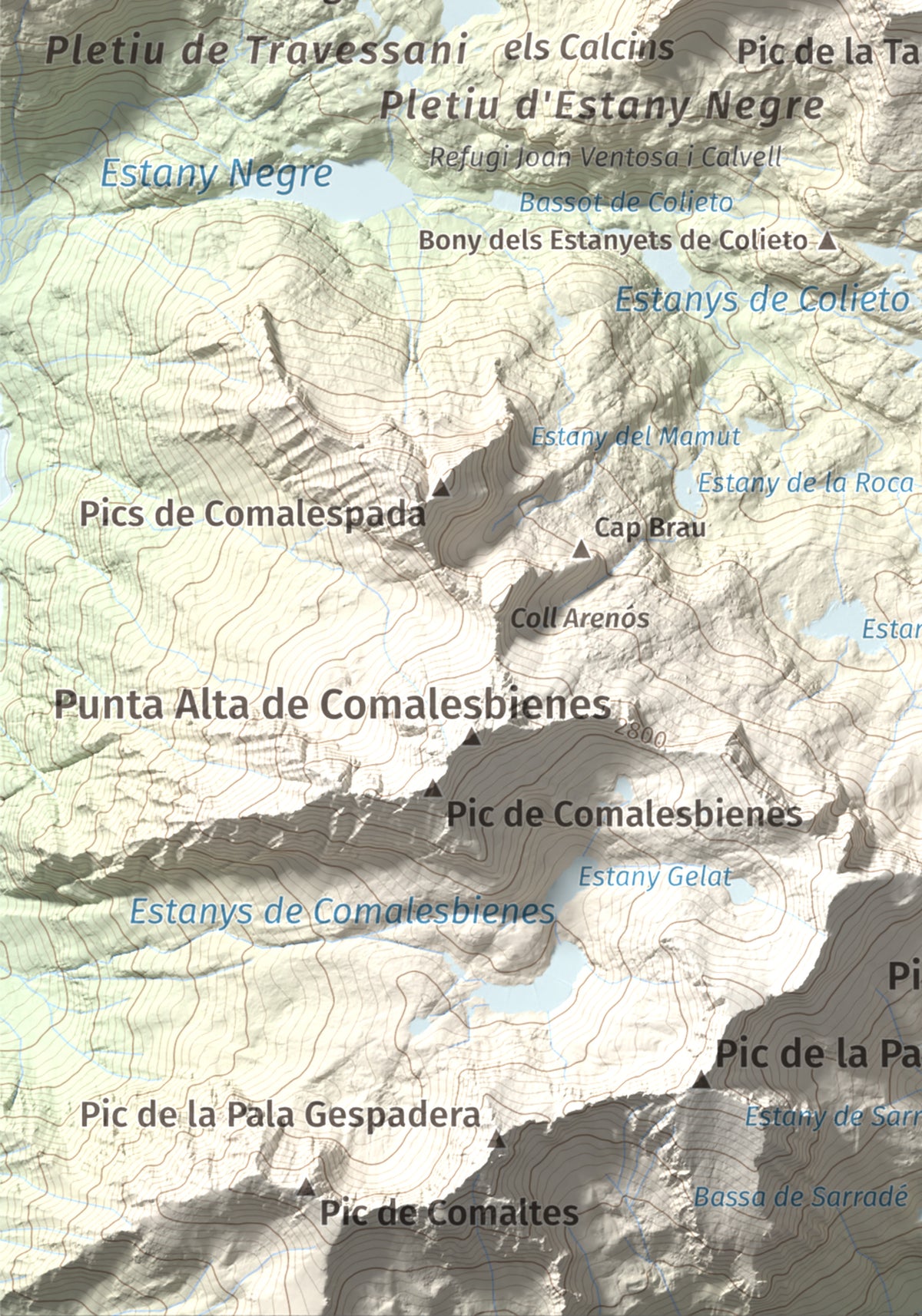 Mapa de relieve de Tuc de Lluçà, 2778 m, Alta Ribagorça · Val d'Aran, lámina 100 Cims de Trobart. Detalle de la zona inferior izquierda. 21 × 30 cm.