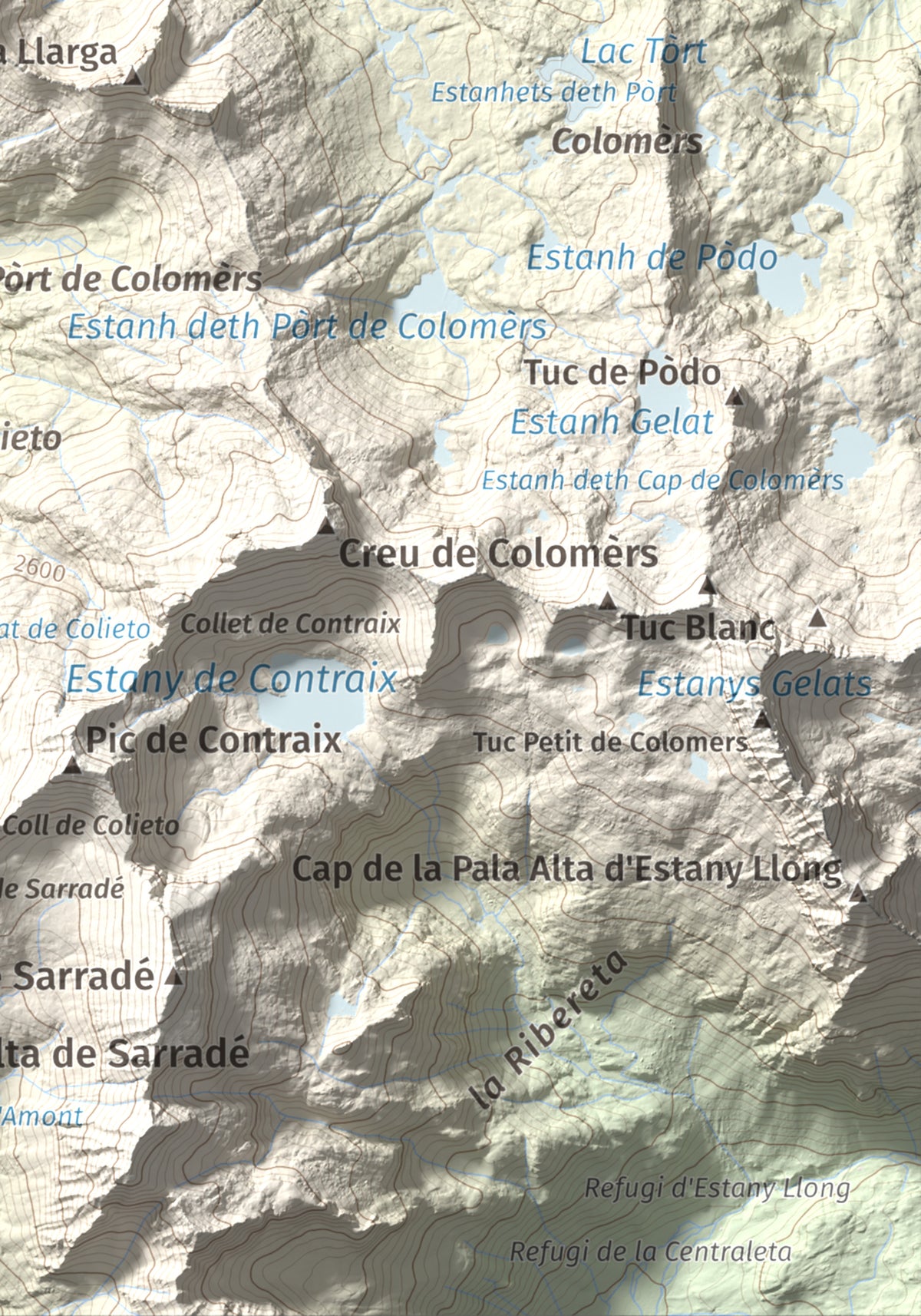 Mapa de relieve de Tuc de Lluçà, 2778 m, Alta Ribagorça · Val d'Aran, lámina 100 Cims de Trobart. Detalle de la zona inferior derecha. 21 × 30 cm.