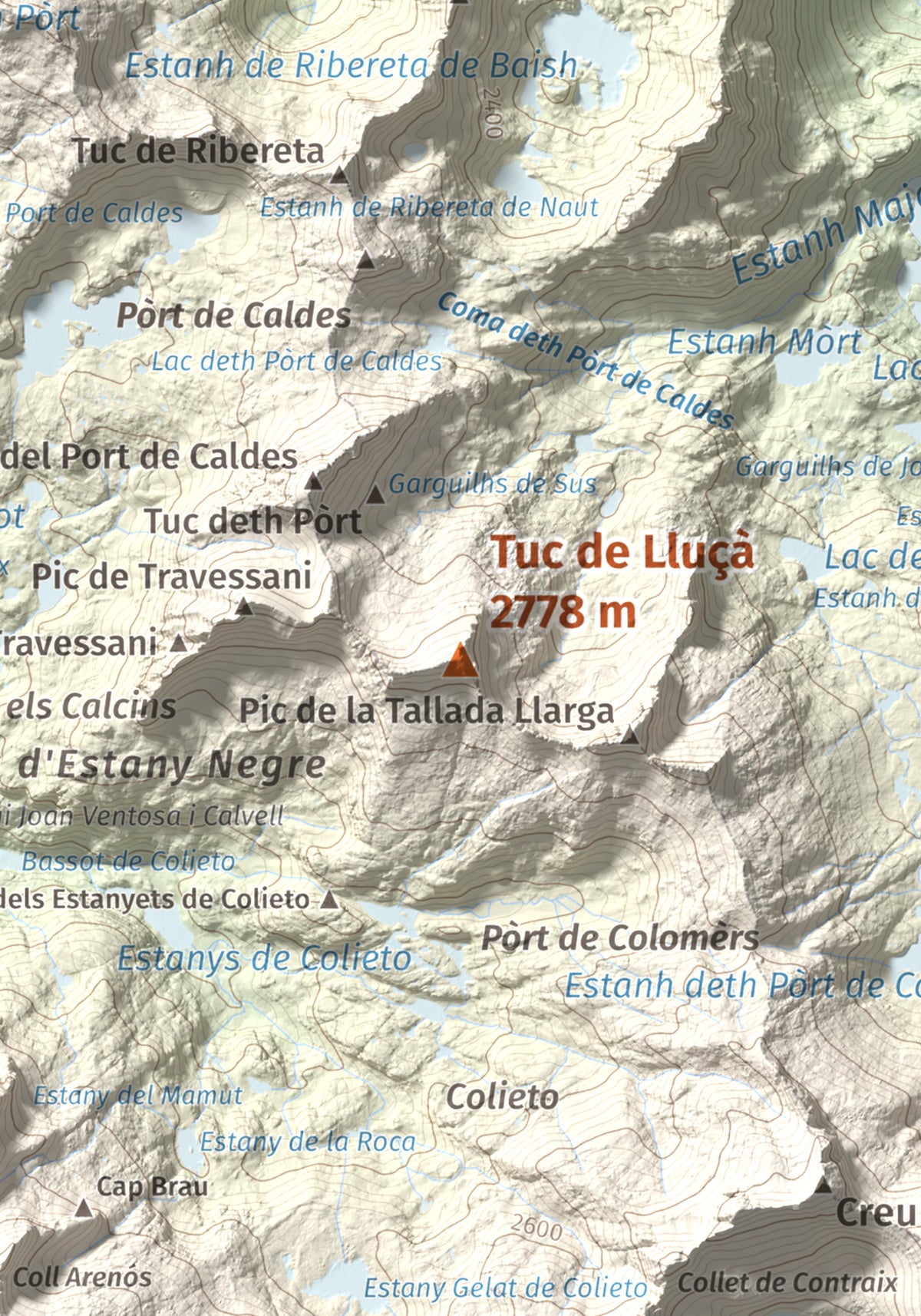 Mapa de relieve de Tuc de Lluçà, 2778 m, Alta Ribagorça · Val d'Aran, lámina 100 Cims de Trobart. Detalle de la zona central. 21 × 30 cm.