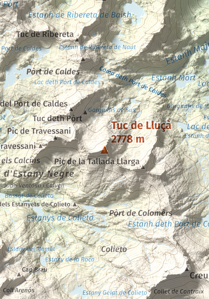 Mapa de relieve de Tuc de Lluçà, 2778 m, Alta Ribagorça · Val d'Aran, lámina 100 Cims de Trobart. Detalle de la zona central. 21 × 30 cm.