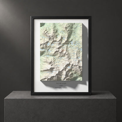Mapa de relieve de Tuc de Lluçà, 2778 m, Alta Ribagorça · Val d'Aran, lámina 100 Cims de Trobart. Presentación enmarcada. 30 × 40 cm.