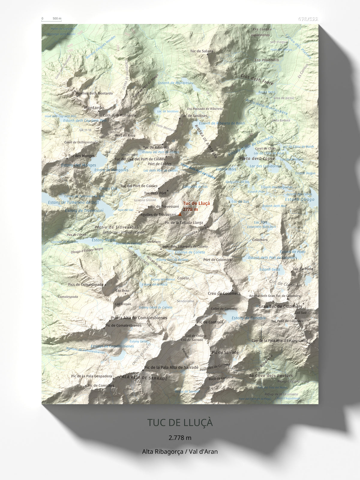 Mapa de relieve de Tuc de Lluçà, 2778 m, Alta Ribagorça · Val d'Aran, lámina 100 Cims de Trobart 30 × 40 cm.