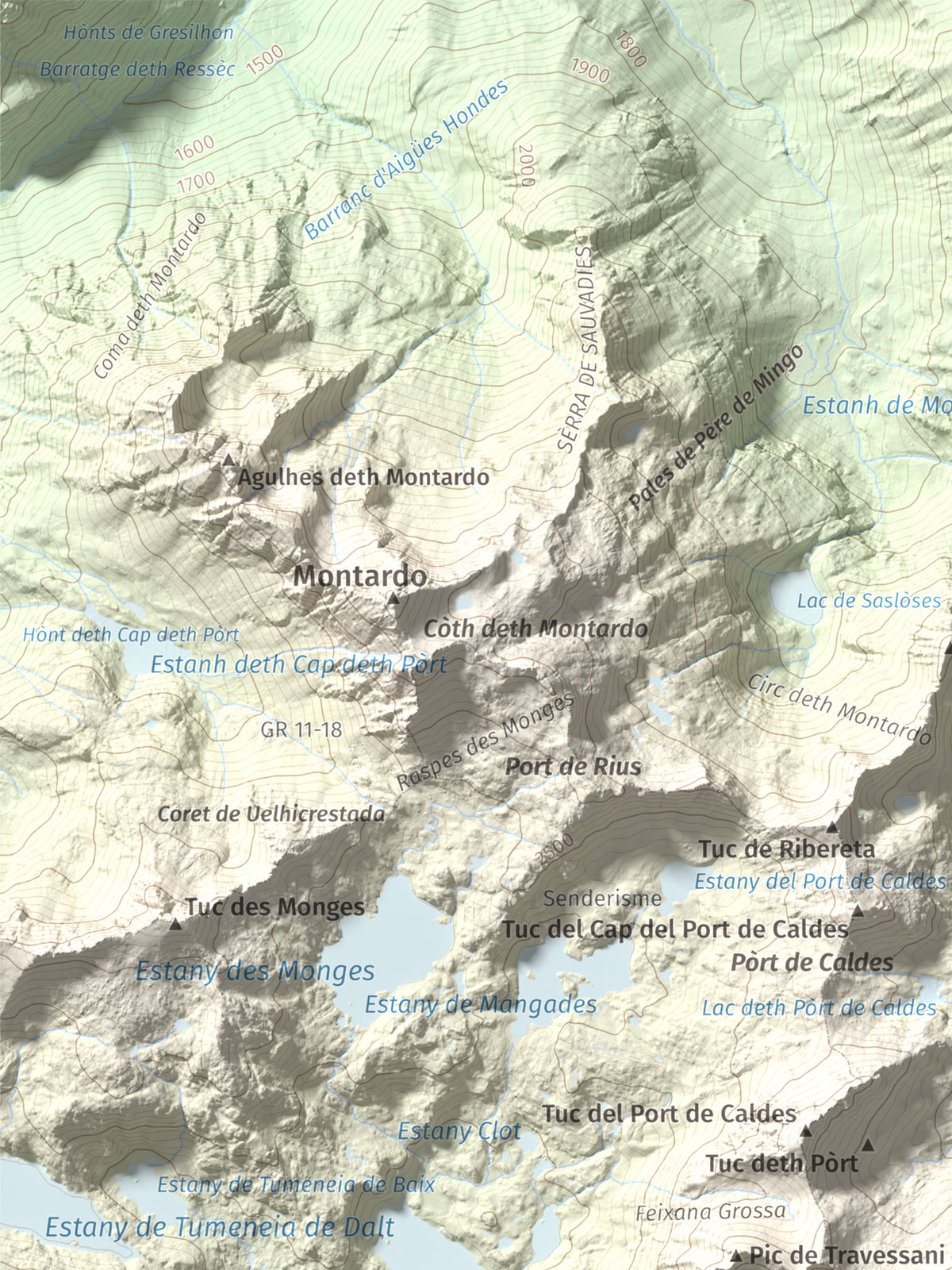 Mapa de relieve de Tuc de Lluçà, 2778 m, Alta Ribagorça · Val d'Aran, lámina 100 Cims de Trobart. Detalle de la zona superior izquierda. 30 × 40 cm.