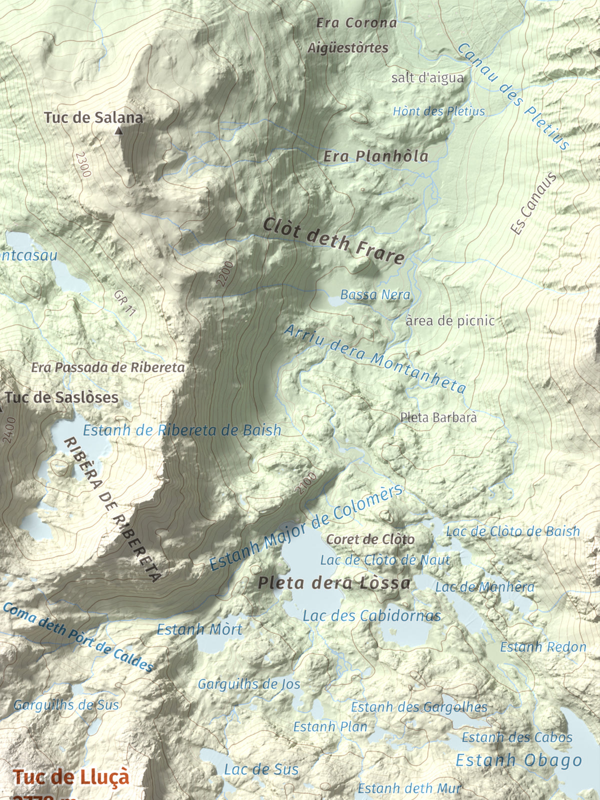 Mapa de relieve de Tuc de Lluçà, 2778 m, Alta Ribagorça · Val d'Aran, lámina 100 Cims de Trobart. Detalle de la zona superior derecha. 30 × 40 cm.