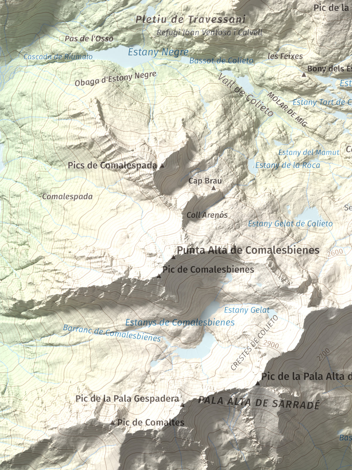 Mapa de relieve de Tuc de Lluçà, 2778 m, Alta Ribagorça · Val d'Aran, lámina 100 Cims de Trobart. Detalle de la zona inferior izquierda. 30 × 40 cm.