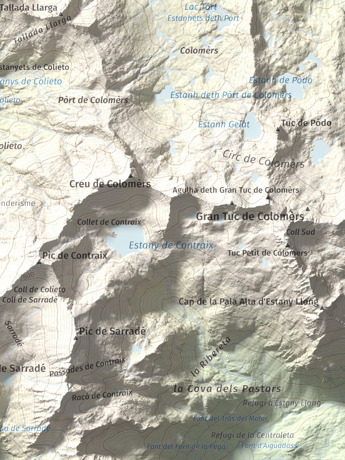 Mapa de relieve de Tuc de Lluçà, 2778 m, Alta Ribagorça · Val d'Aran, lámina 100 Cims de Trobart. Detalle de la zona inferior derecha. 30 × 40 cm.