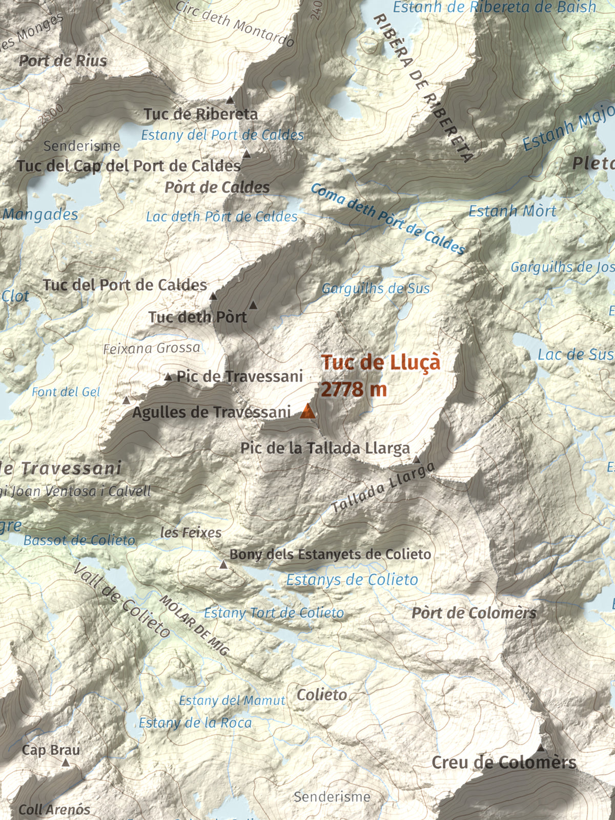 Mapa de relieve de Tuc de Lluçà, 2778 m, Alta Ribagorça · Val d'Aran, lámina 100 Cims de Trobart. Detalle de la zona central. 30 × 40 cm.
