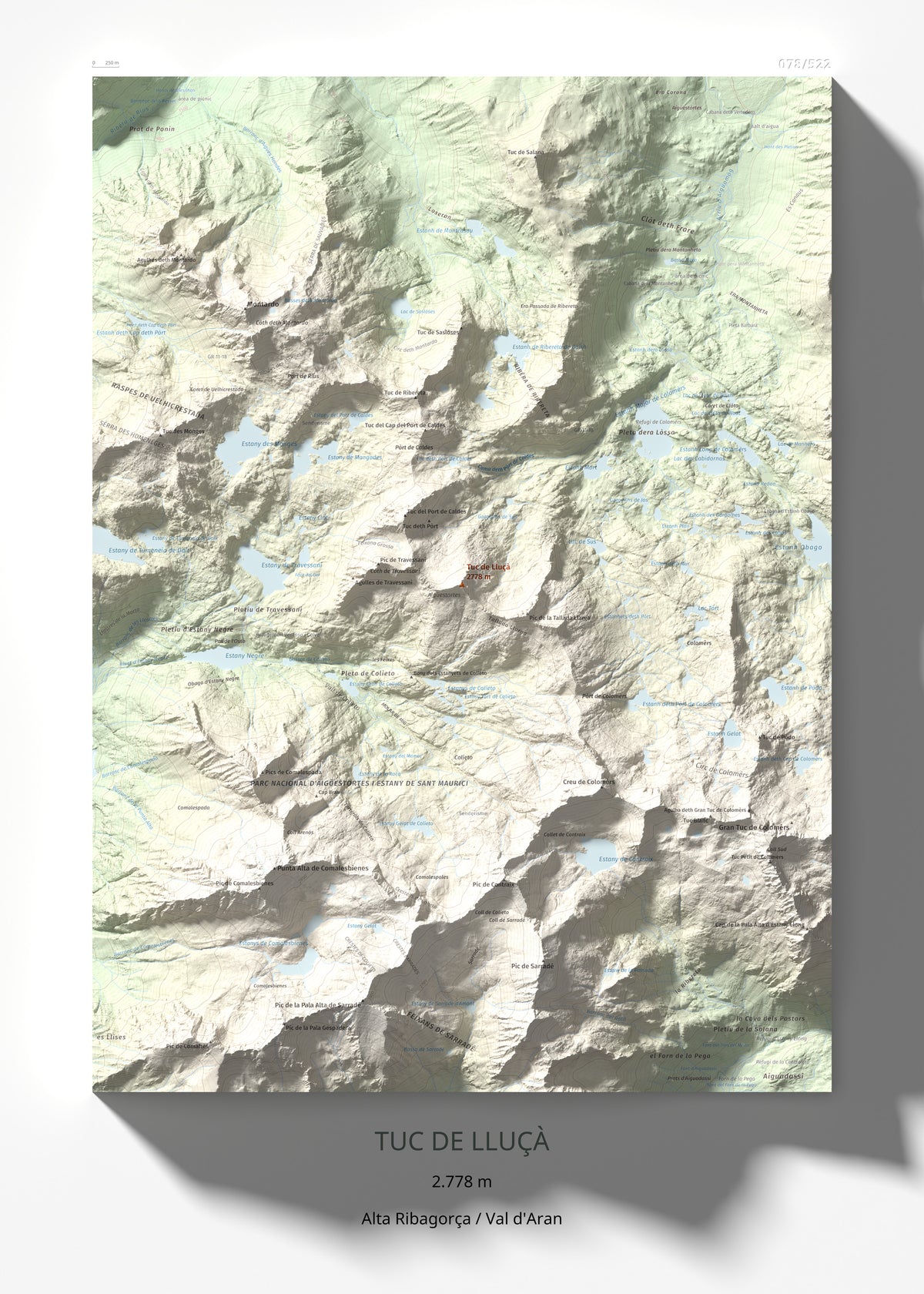 Mapa de relieve de Tuc de Lluçà, 2778 m, Alta Ribagorça · Val d'Aran, lámina 100 Cims de Trobart 50 × 70 cm.