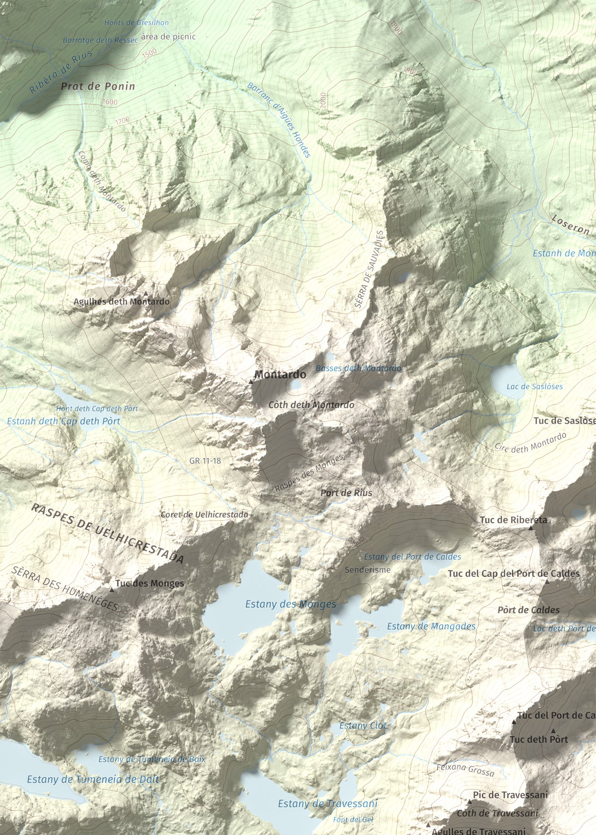 Mapa de relieve de Tuc de Lluçà, 2778 m, Alta Ribagorça · Val d'Aran, lámina 100 Cims de Trobart. Detalle de la zona superior izquierda. 50 × 70 cm.